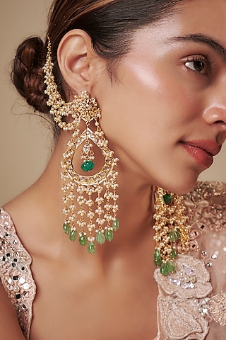 Gold Plated Kundan Polki & Pearl Dangler Earrings by Kiara