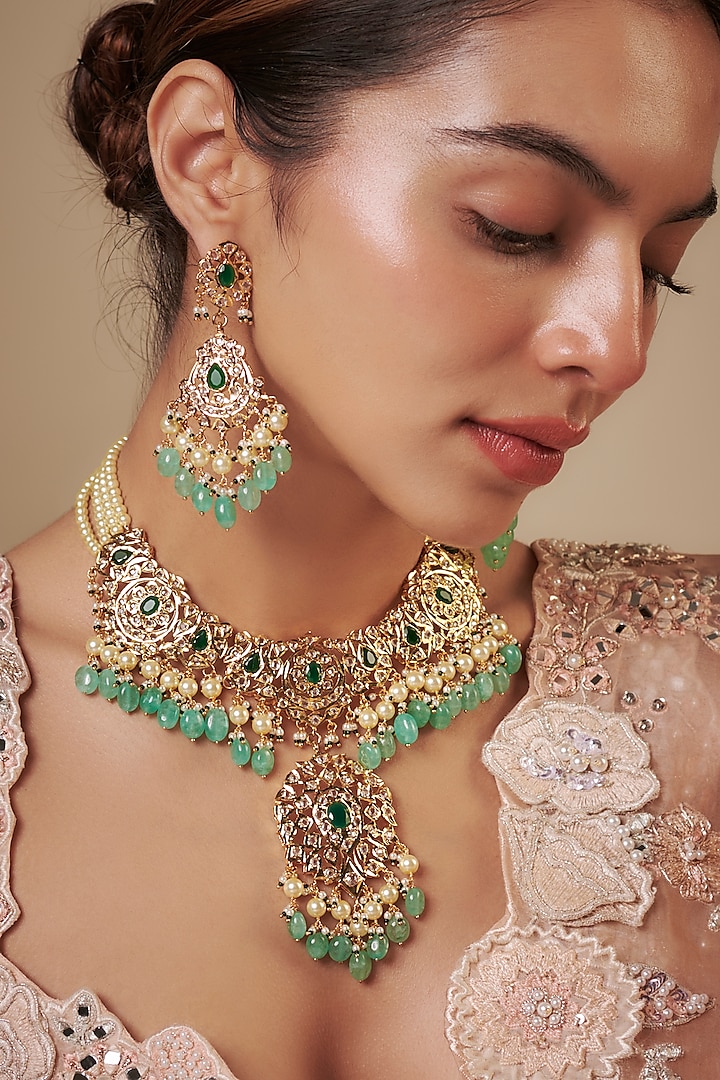 Gold Plated Kundan Polki & Green Pearl Necklace Set by Kiara at Pernia's Pop Up Shop