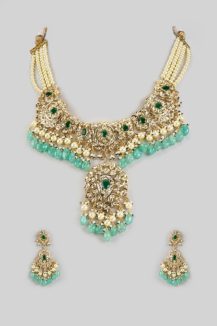 Gold Plated Kundan Polki & Green Pearl Necklace Set by Kiara at Pernia's Pop Up Shop