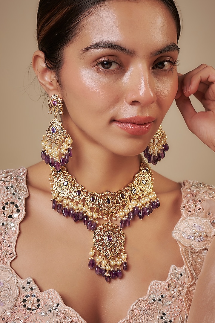 Gold Plated Kundan Polki & Purple Pearl Necklace Set by Kiara at Pernia's Pop Up Shop