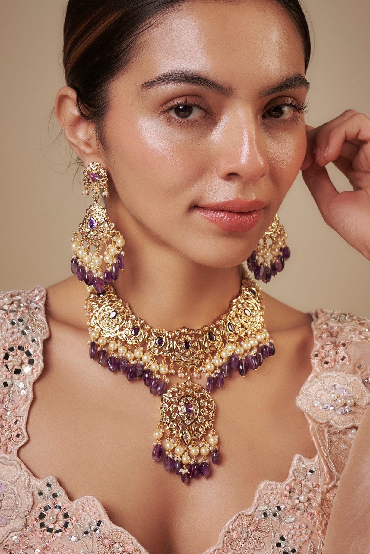 Gold Plated Kundan Polki Purple Pearl Necklace Set by Kiara at