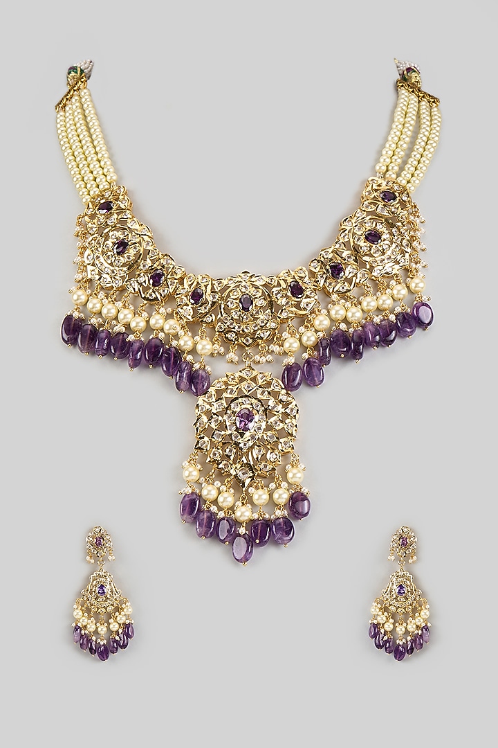 Gold Plated Kundan Polki & Purple Pearl Necklace Set by Kiara at Pernia's Pop Up Shop