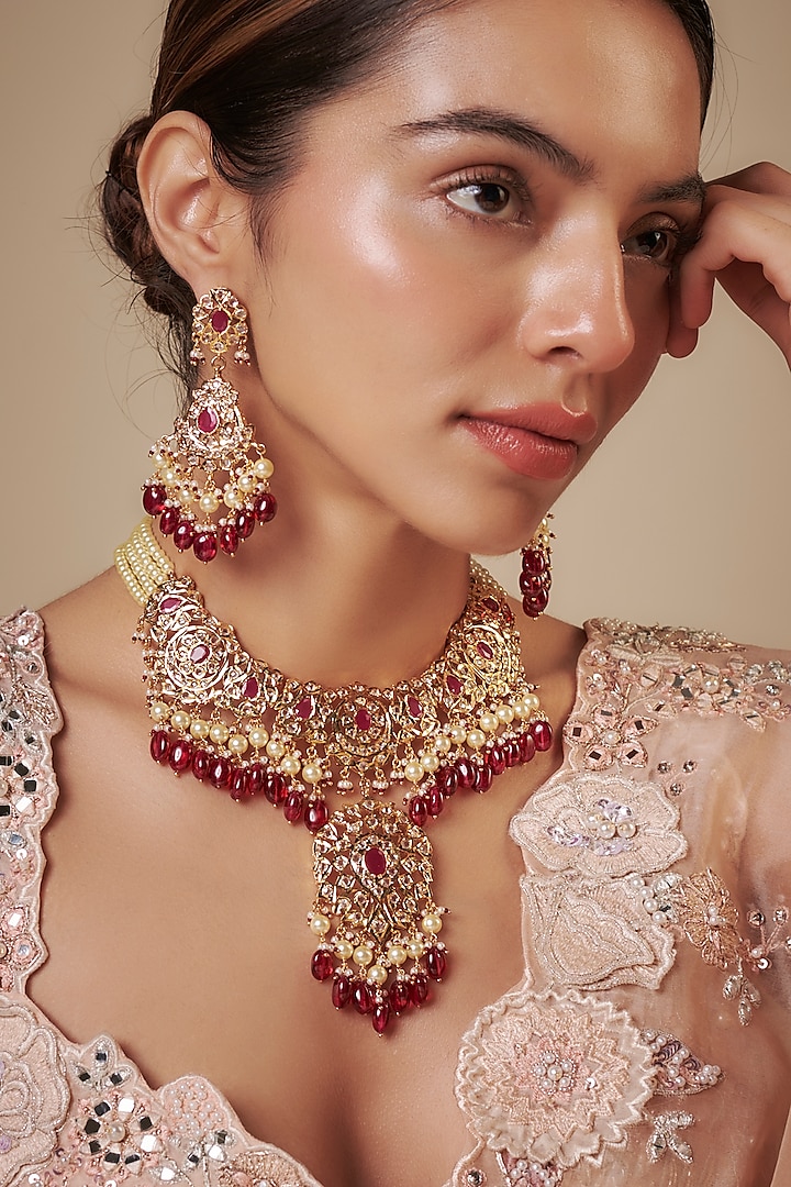 Gold Plated Kundan Polki & Red Pearl Necklace Set by Kiara at Pernia's Pop Up Shop