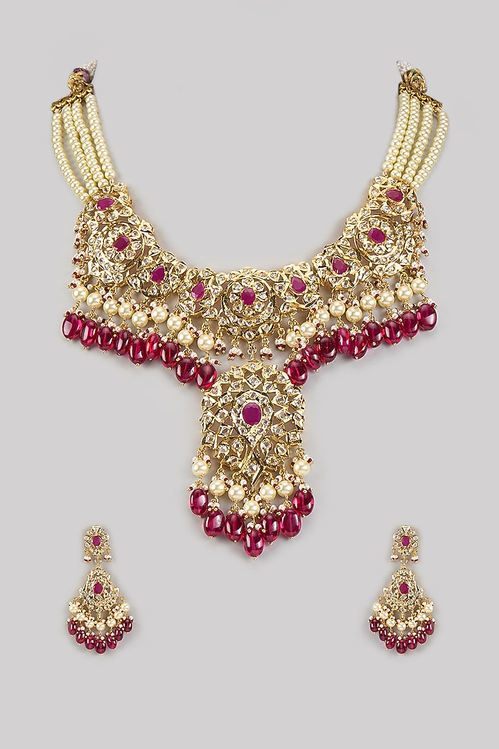 Gold Plated Kundan Polki & Red Pearl Necklace Set by Kiara at Pernia's Pop Up Shop