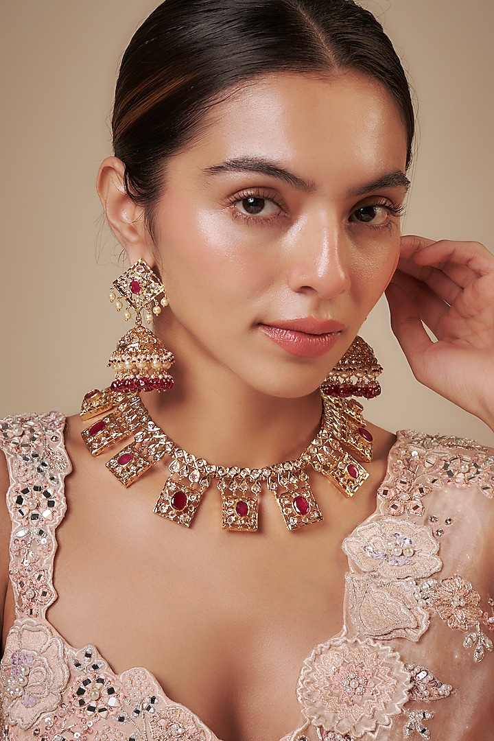 Gold Plated Kundan Polki & Red Gemstone Necklace Set by Kiara at Pernia's Pop Up Shop