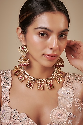 Gold Plated Kundan Polki & Red Gemstone Necklace Set by Kiara