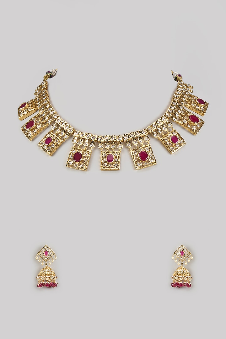 Gold Plated Kundan Polki & Red Gemstone Necklace Set by Kiara at Pernia's Pop Up Shop
