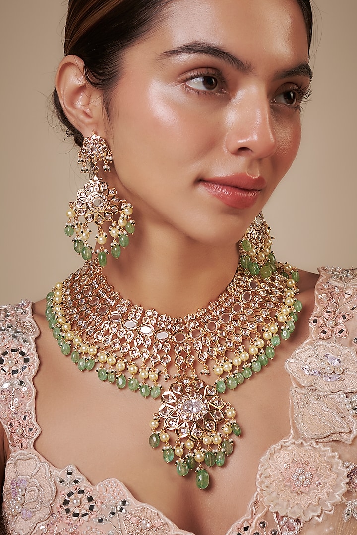 Gold Plated Kundan Polki & Green Beaded Choker Necklace Set by Kiara at Pernia's Pop Up Shop