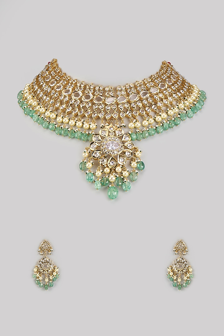 Gold Plated Kundan Polki & Green Beaded Choker Necklace Set by Kiara at Pernia's Pop Up Shop