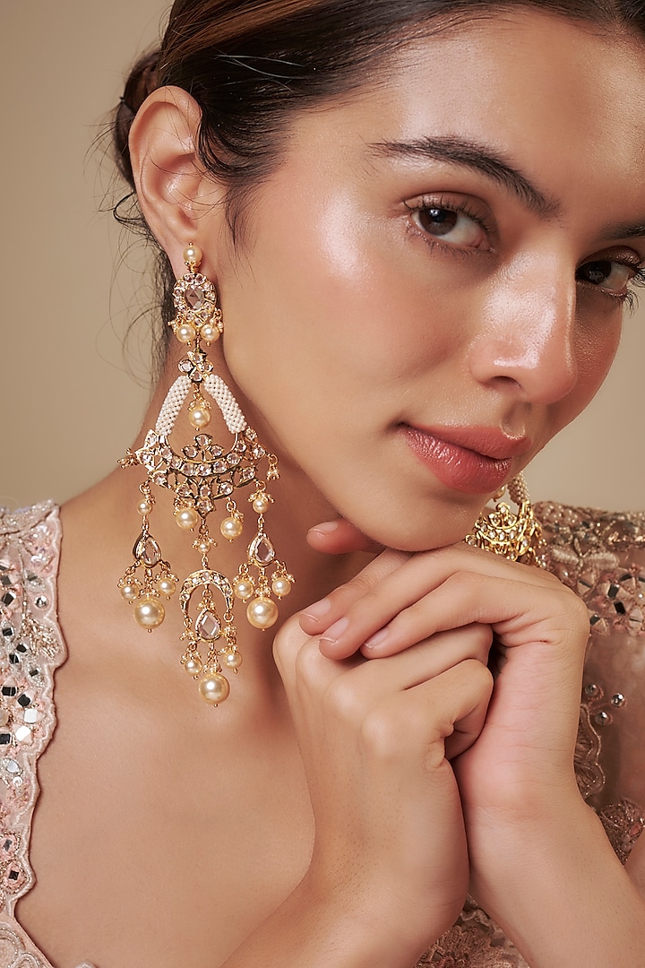 Gold Plated Kundan Polki & Pearl Chandbali Earrings by Kiara at Pernia's Pop Up Shop