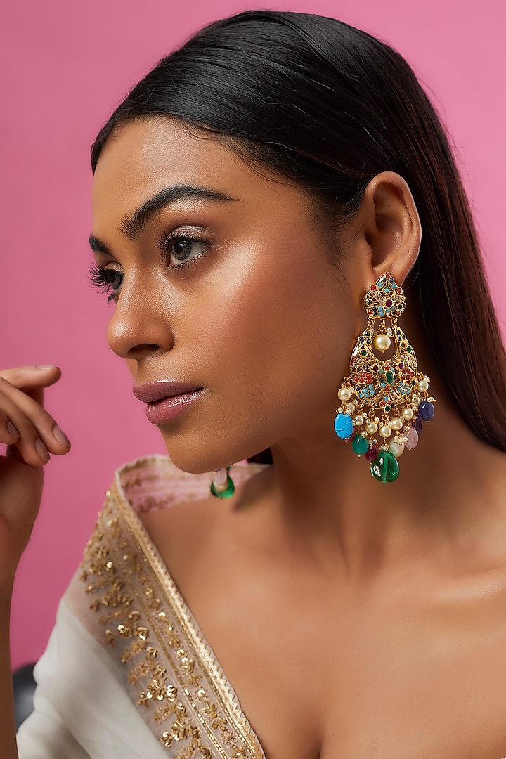 Gold Plated Navratna Chandbali Earrings by Kiara
