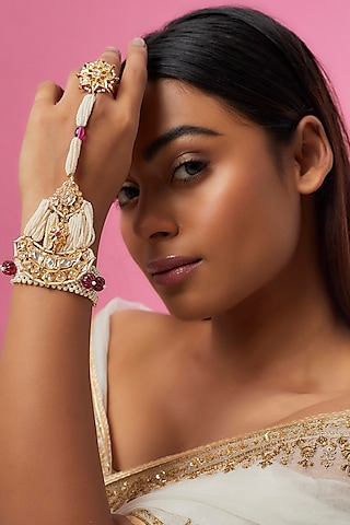 Gold Plated Semi-Precious Kundan Polki Hathphool by Kiara