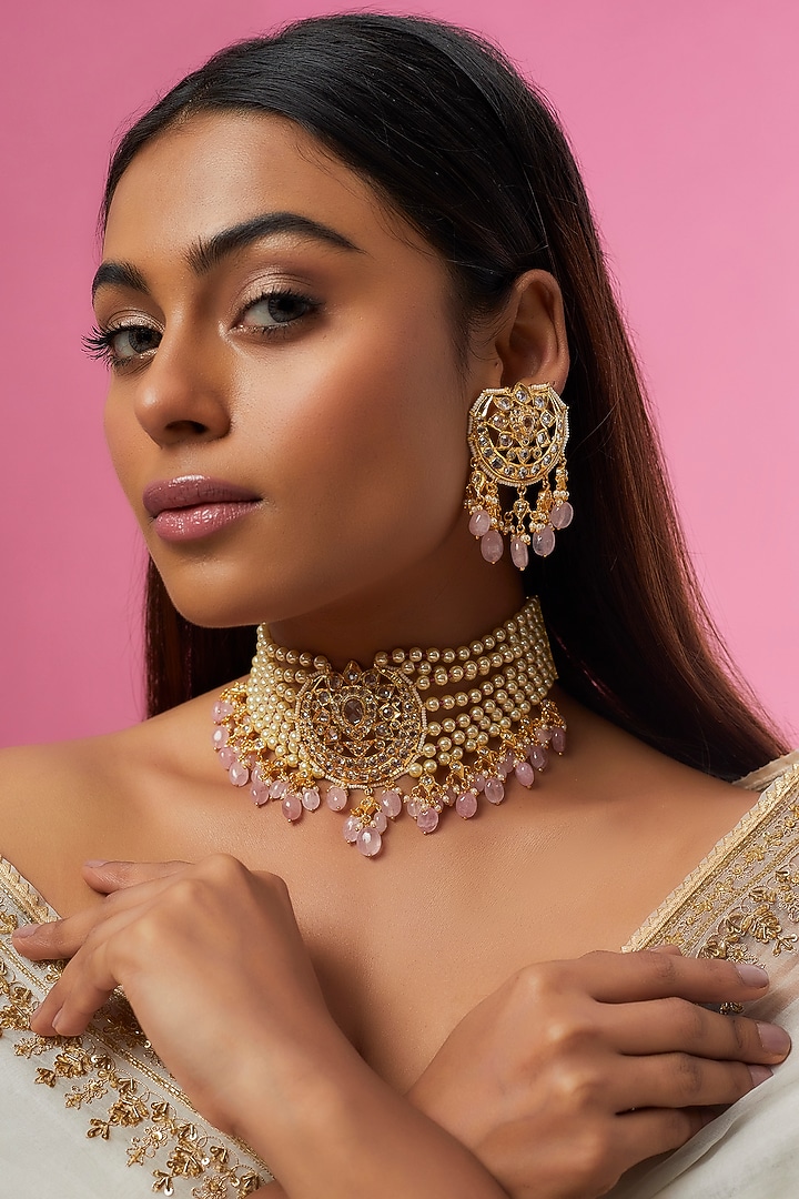 Gold Plated Semi-Precious Kundan Polki Choker Necklace Set by Kiara at Pernia's Pop Up Shop