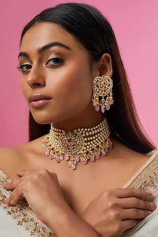 Gold Plated Semi-Precious Kundan Polki Choker Necklace Set by Kiara