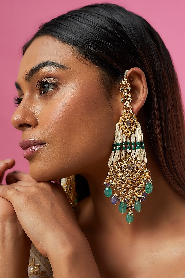 Gold Plated Semi-Precious Kundan Polki Chandbali Earrings by Kiara