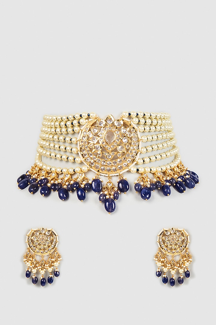 Gold Plated Semi-Precious Kundan Polki Choker Necklace Set by Kiara at Pernia's Pop Up Shop