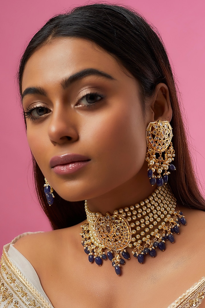 Gold Plated Semi-Precious Kundan Polki Choker Necklace Set by Kiara at Pernia's Pop Up Shop