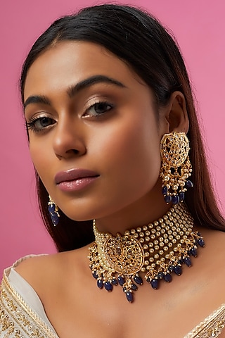 Gold Plated Semi-Precious Kundan Polki Choker Necklace Set by Kiara
