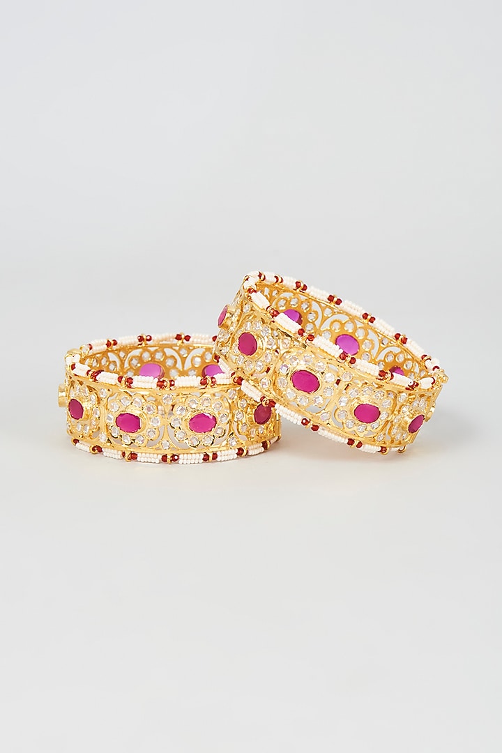 Gold Plated Semi-Precious Kundan Polki Bangles (Set of 2) by Kiara at Pernia's Pop Up Shop