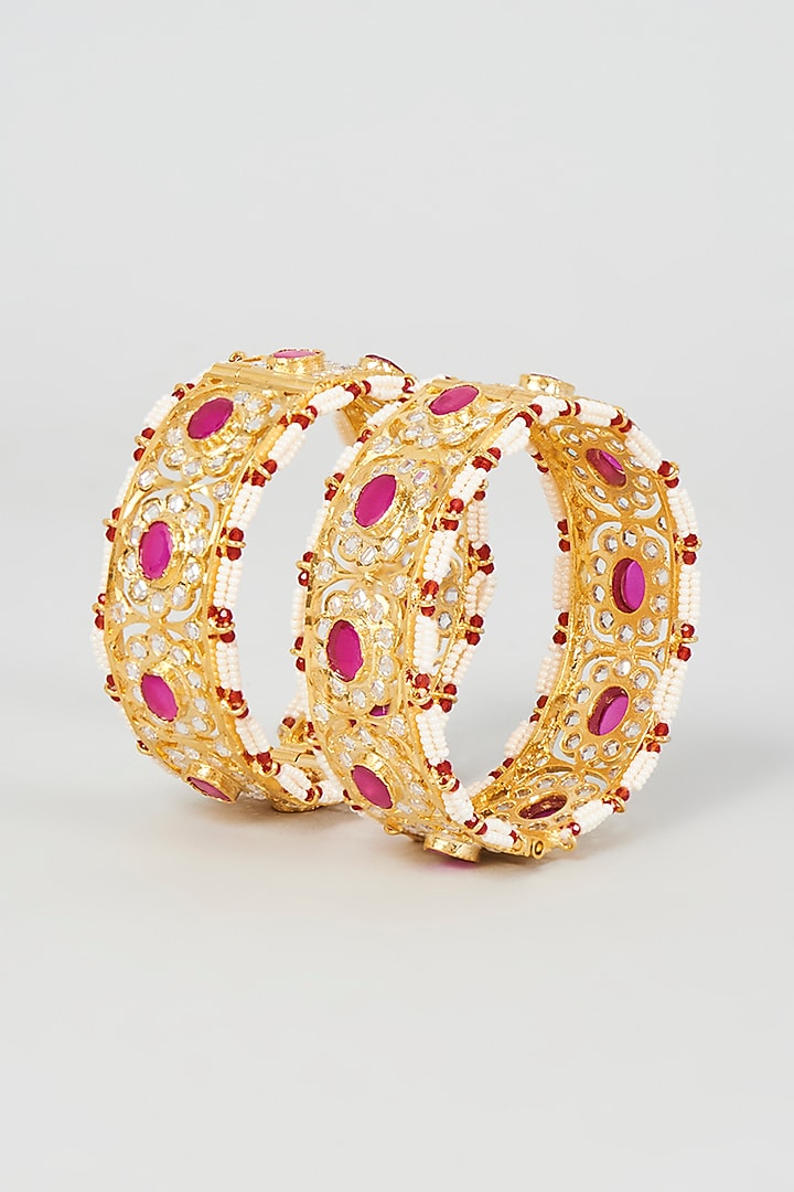 Gold Plated Semi-Precious Kundan Polki Bangles (Set of 2) by Kiara at Pernia's Pop Up Shop