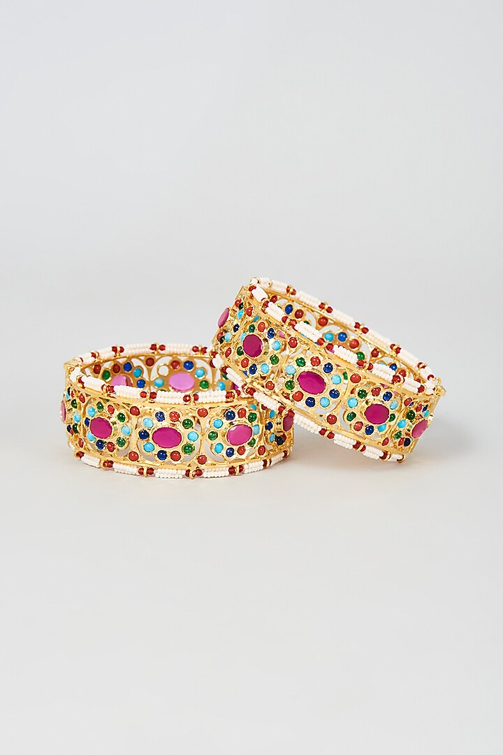 Gold Plated Semi-Precious Kundan Polki Bangles (Set of 2) by Kiara at Pernia's Pop Up Shop