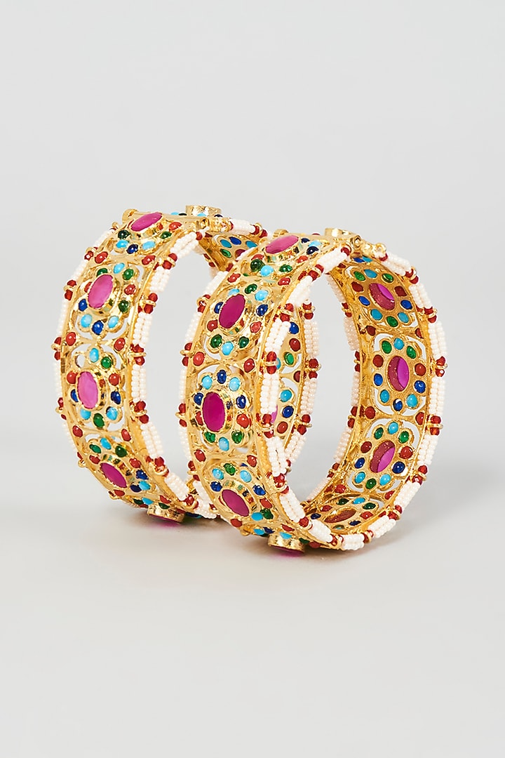 Gold Plated Semi-Precious Kundan Polki Bangles (Set of 2) by Kiara at Pernia's Pop Up Shop