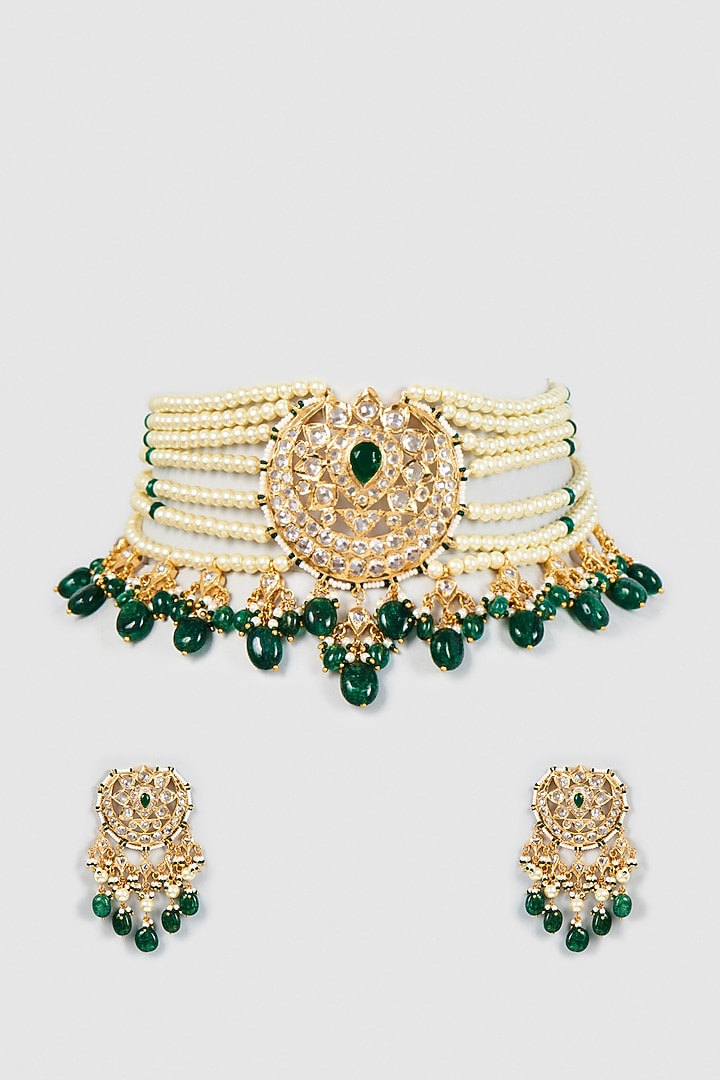 Gold Plated Semi-Precious Kundan Polki Choker Necklace Set by Kiara at Pernia's Pop Up Shop