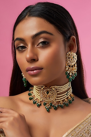 Gold Plated Semi-Precious Kundan Polki Choker Necklace Set by Kiara