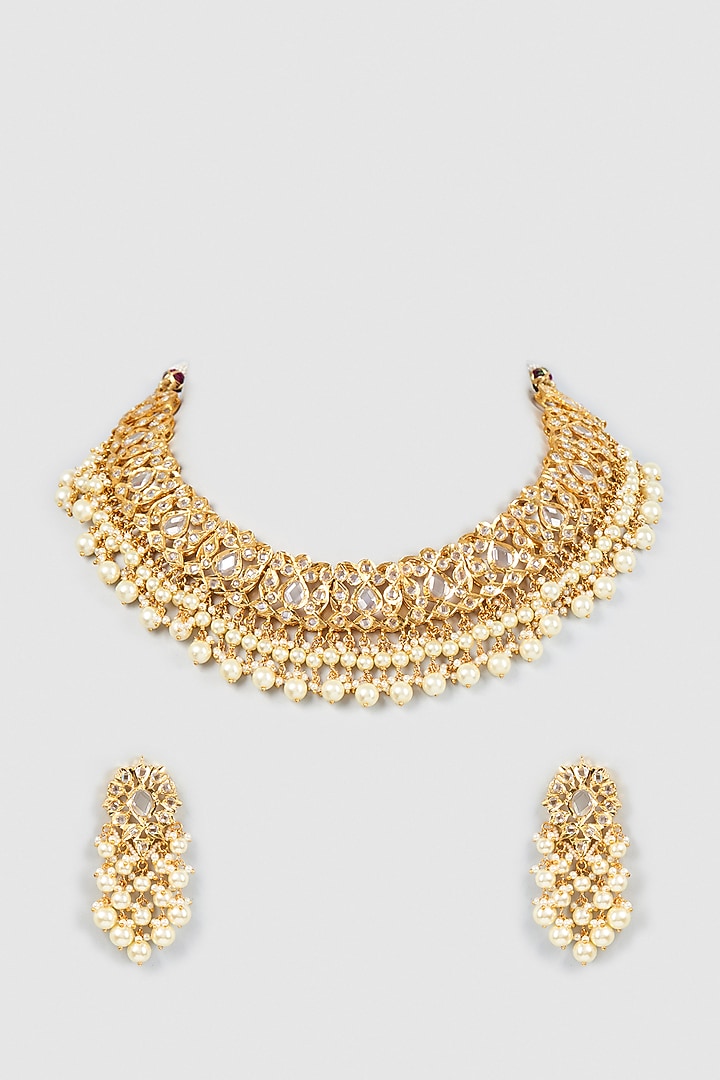 Gold Plated Semi-Precious Kundan Polki Choker Necklace Set by Kiara at Pernia's Pop Up Shop