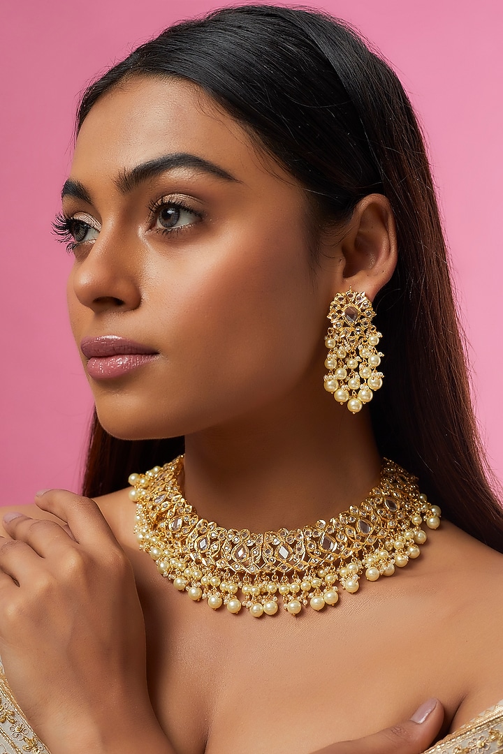 Gold Plated Semi-Precious Kundan Polki Choker Necklace Set by Kiara at Pernia's Pop Up Shop
