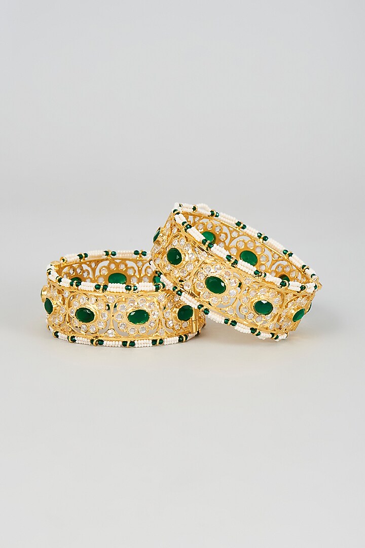 Gold Plated Semi-Precious Kundan Polki Bangles (Set of 2) by Kiara at Pernia's Pop Up Shop