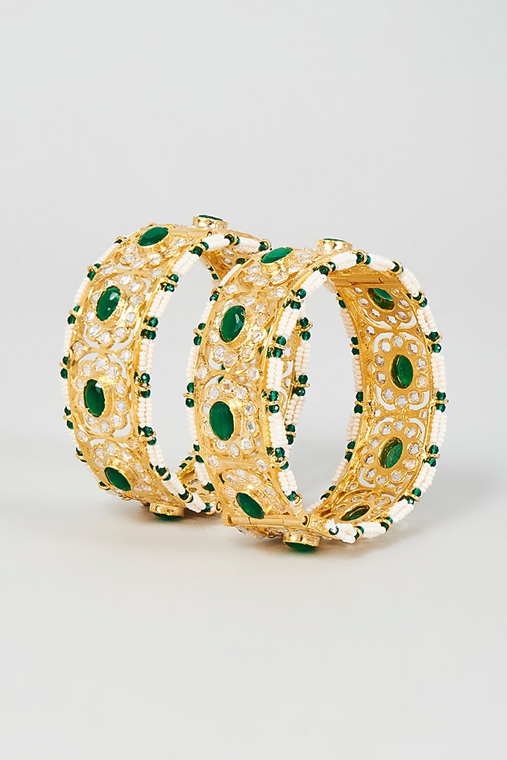 Gold Plated Semi-Precious Kundan Polki Bangles (Set of 2) by Kiara at Pernia's Pop Up Shop