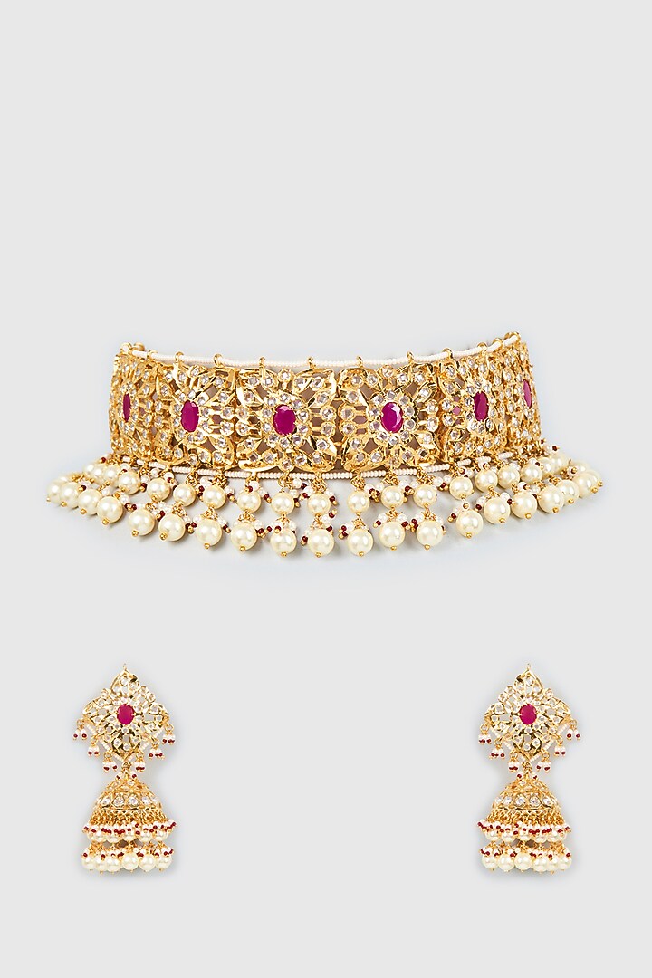 Gold Plated Semi-Precious Kundan Polki Choker Necklace Set by Kiara at Pernia's Pop Up Shop