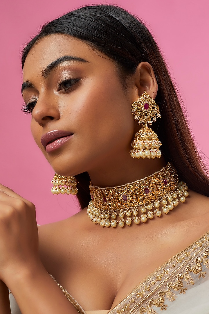 Gold Plated Semi-Precious Kundan Polki Choker Necklace Set by Kiara at Pernia's Pop Up Shop