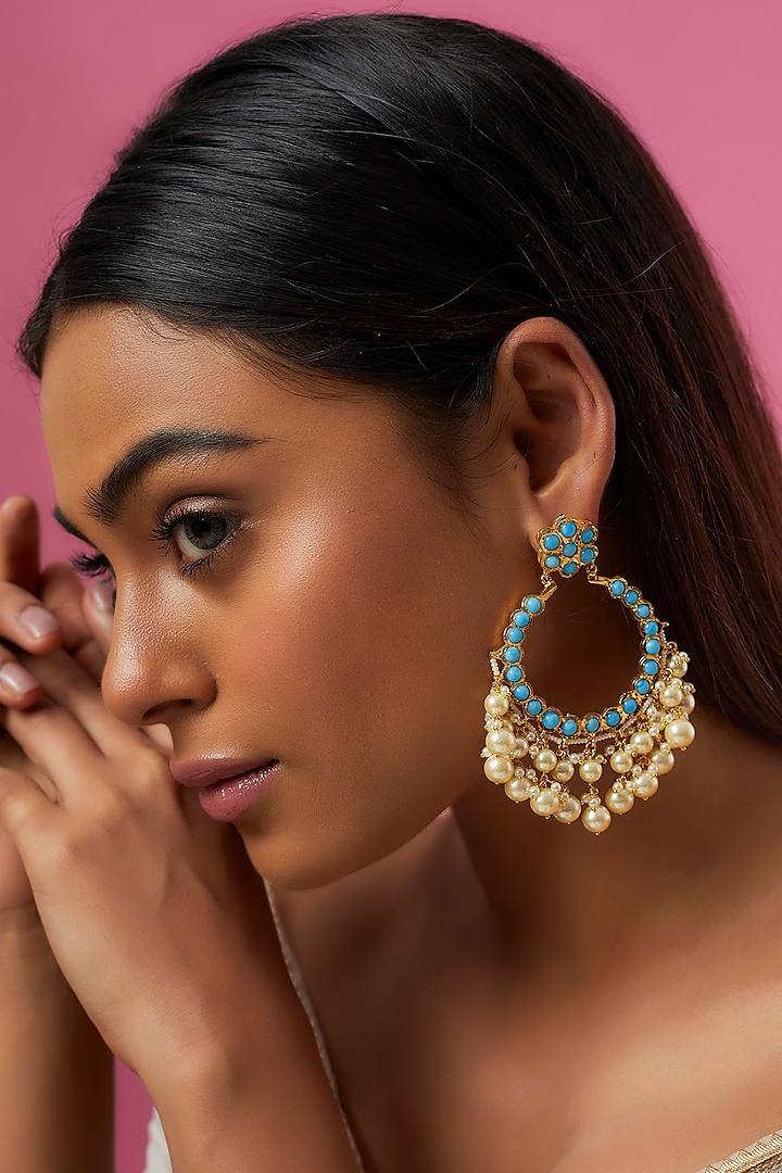 Gold Plated Semi-Precious Kundan Polki Chandbali Earrings by Kiara