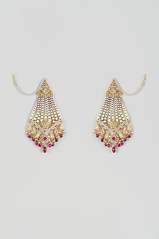 Gold Plated Kundan Polki & Red Onyx Chandbali Earrings by Kiara