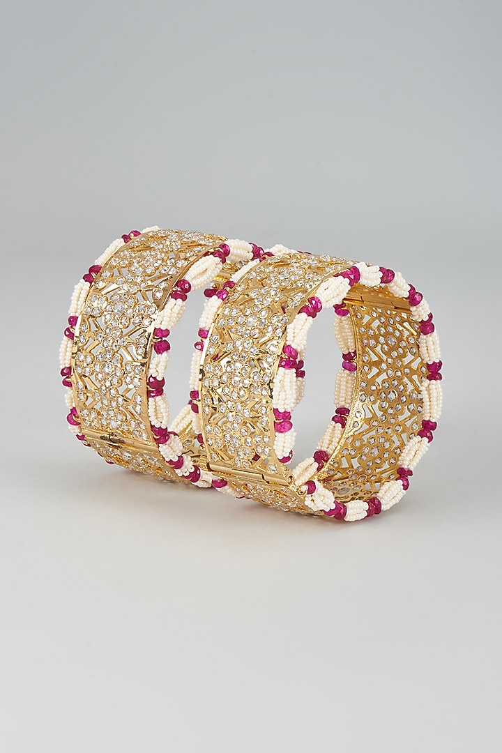 Gold Plated Kundan Polki & Red Onyx Bangles (Set Of 2) by Kiara at Pernia's Pop Up Shop