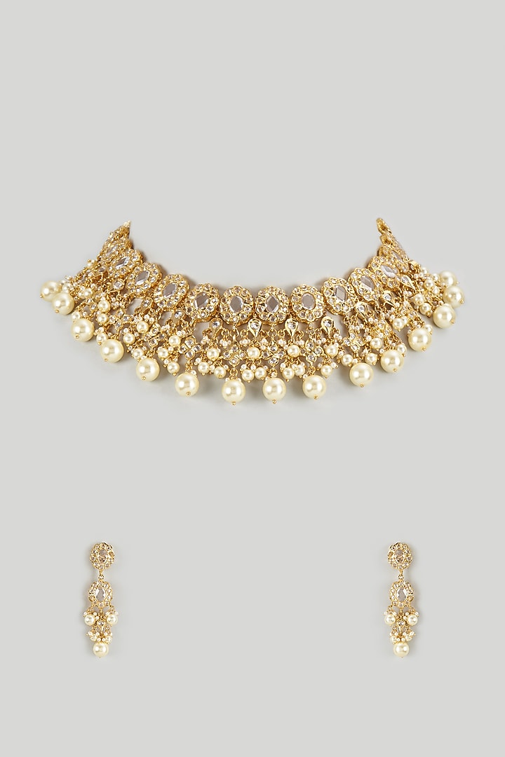 Gold Plated Kundan Polki & Pearl Choker Necklace Set by Kiara at Pernia's Pop Up Shop
