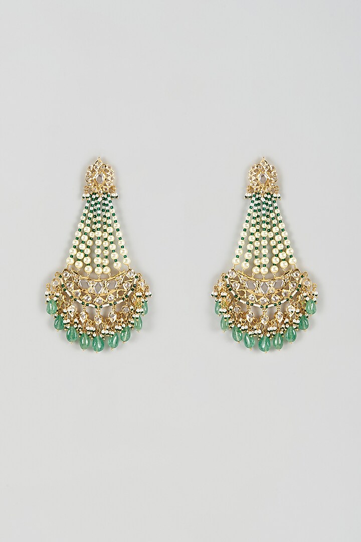Gold Plated Kundan Polki & Green Onyx Chandbali Earrings by Kiara at Pernia's Pop Up Shop