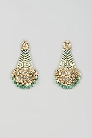 Gold Plated Kundan Polki & Green Onyx Chandbali Earrings by Kiara