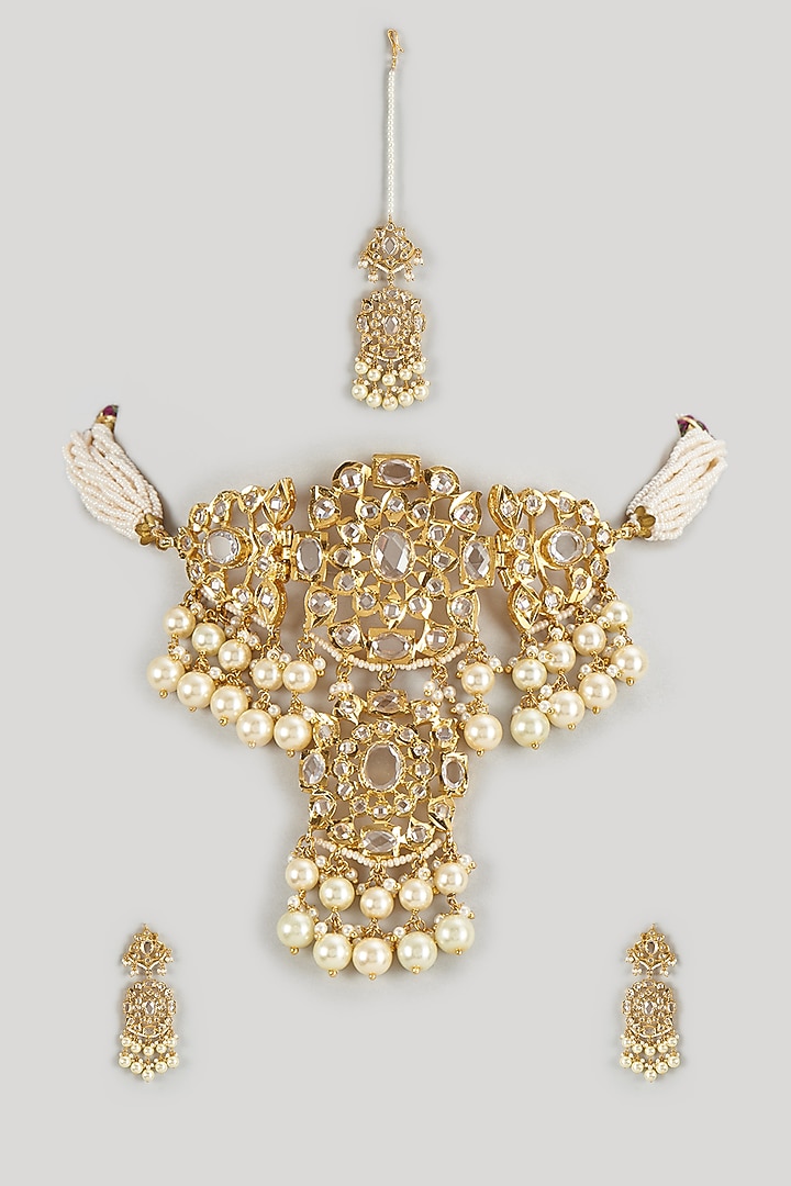 Gold Plated Kundan Polki & Pearl Choker Necklace Set by Kiara at Pernia's Pop Up Shop