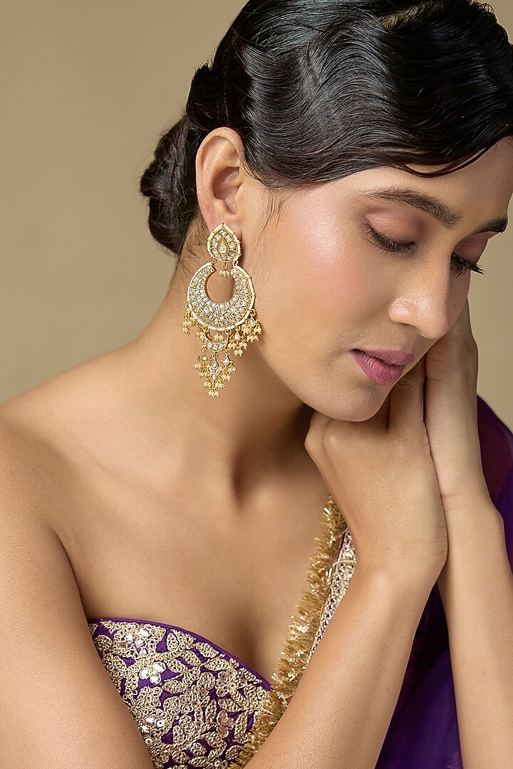 Gold Finish Kundan Polki & Pearl Chandbali Earrings In Sterling Silver by Kiara Luxe at Pernia's Pop Up Shop