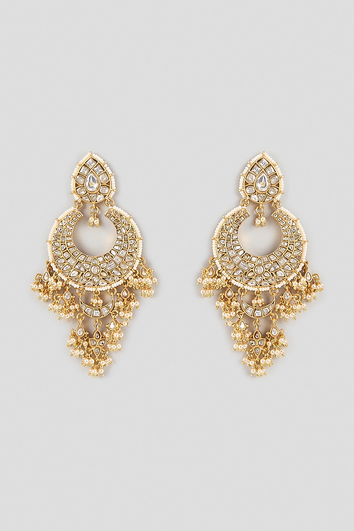 Gold Finish Kundan Polki & Pearl Chandbali Earrings In Sterling Silver by Kiara Luxe at Pernia's Pop Up Shop