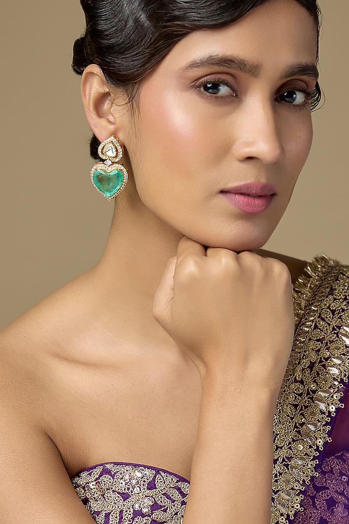 Gold Finish Kundan Polki & Heart-Cut Green Doublet Stone Dangler Earrings In Sterling Silver by Kiara Luxe at Pernia's Pop Up Shop