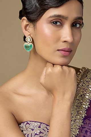 Gold Finish Kundan Polki & Heart-Cut Green Doublet Stone Dangler Earrings In Sterling Silver by Kiara Luxe