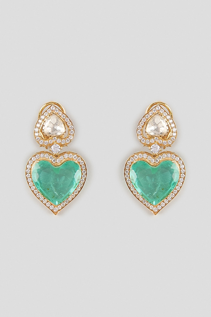 Gold Finish Kundan Polki & Heart-Cut Green Doublet Stone Dangler Earrings In Sterling Silver by Kiara Luxe at Pernia's Pop Up Shop