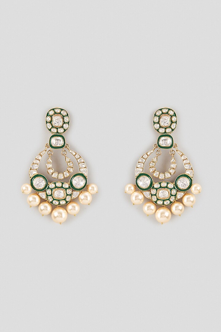 Gold Finish Kundan Polki &  Green Enameled Chandbali Earrings In Sterling Silver by Kiara Luxe at Pernia's Pop Up Shop