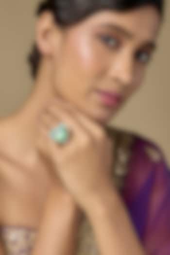 Gold Finish Kundan Polki & Heart-Cut Green Doublet Stone Ring In Sterling Silver by Kiara Luxe at Pernia's Pop Up Shop