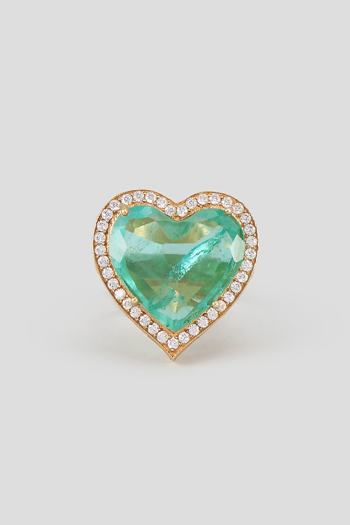 Gold Finish Kundan Polki & Heart-Cut Green Doublet Stone Ring In Sterling Silver by Kiara Luxe at Pernia's Pop Up Shop