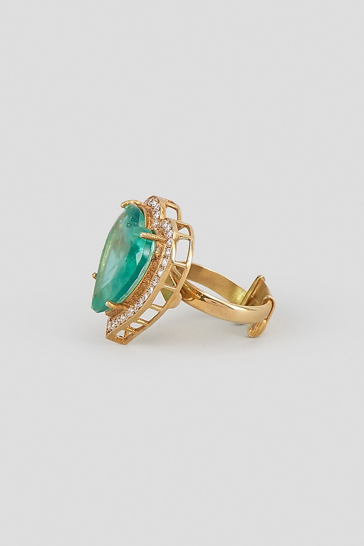 Gold Finish Kundan Polki & Heart-Cut Green Doublet Stone Ring In Sterling Silver by Kiara Luxe at Pernia's Pop Up Shop